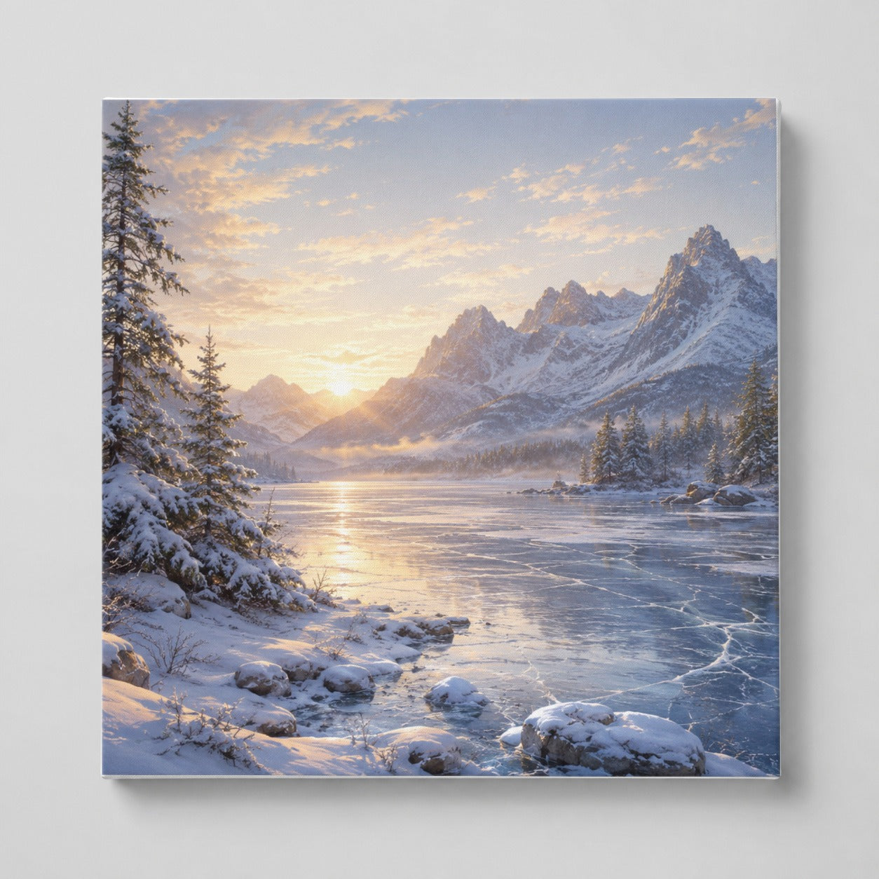 Winter Mountain Sunrise Square Canvas Wall Art, Alpine Landscape