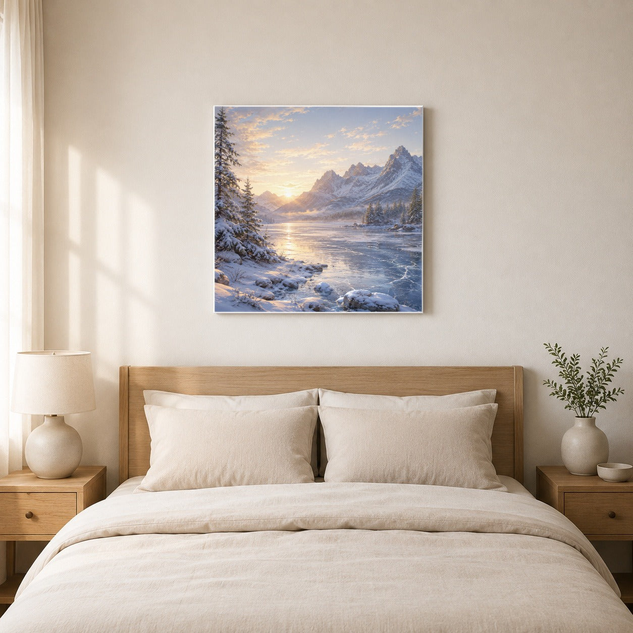 #pl[17x17 Inch|Multicolor] Winter Mountain Sunrise Square Canvas Wall Art, Alpine Landscape