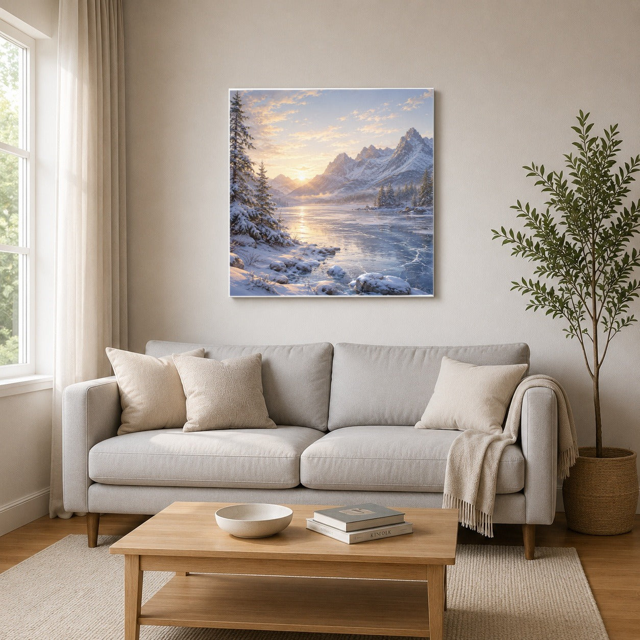 #pl[17x17 Inch|Multicolor] Winter Mountain Sunrise Square Canvas Wall Art, Alpine Landscape