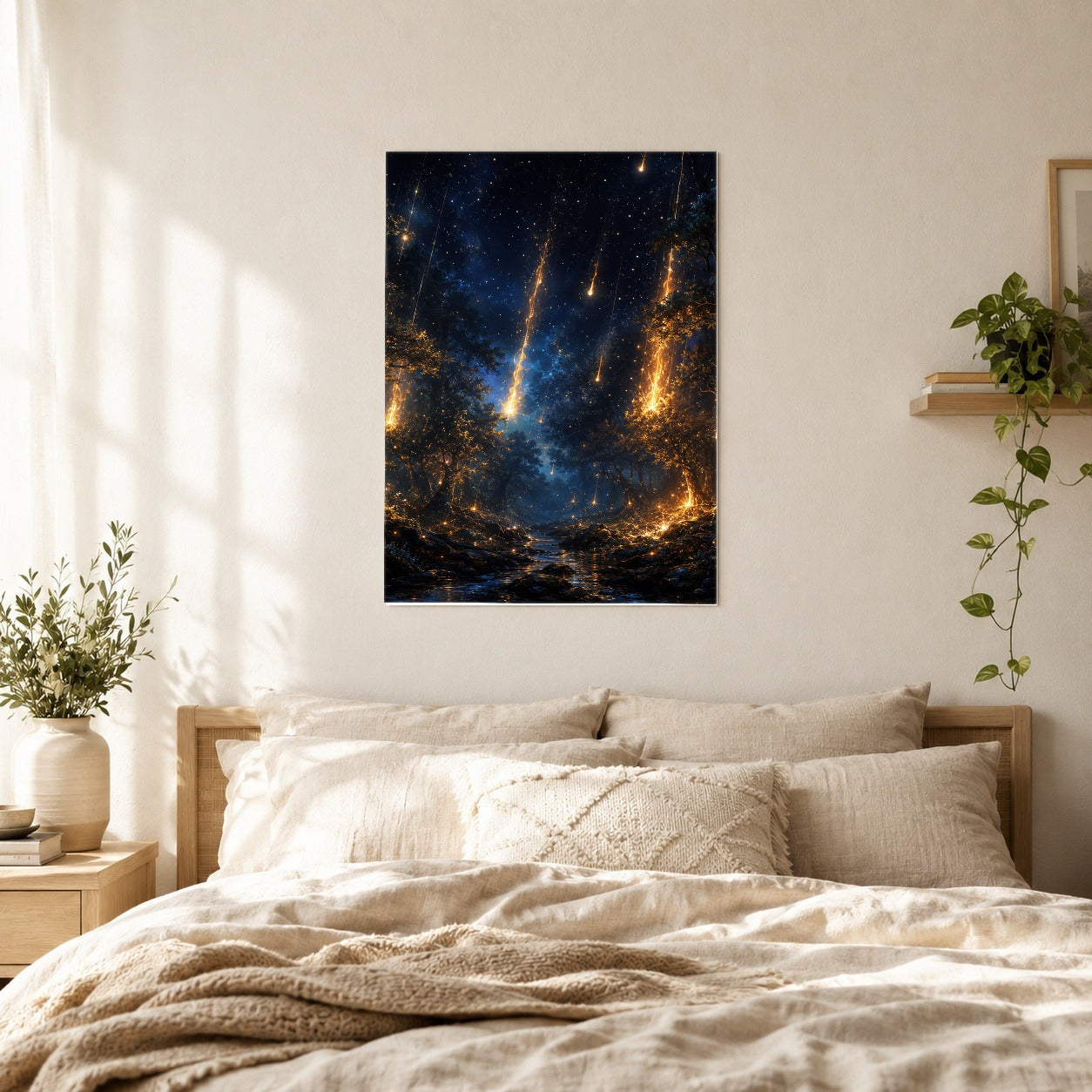#pl[8x10 Inch|Multicolor] Meteor Shower Forest Poster, Celestial Night Wall Art Print