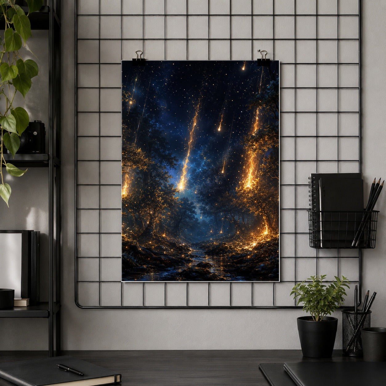 #pl[8x10 Inch|Multicolor] Meteor Shower Forest Poster, Celestial Night Wall Art Print