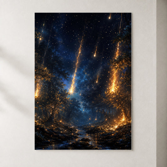 Meteor Shower Forest Poster, Celestial Night Wall Art Print