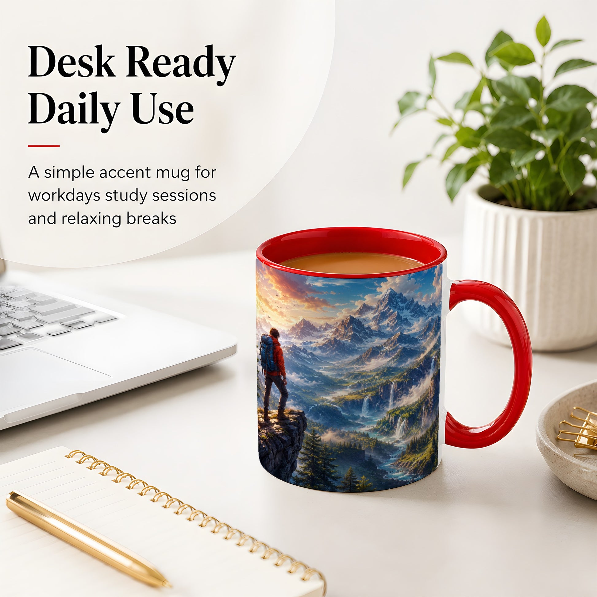 #pl[11oz|Red] Mountain Hiker Ceramic Mug, Alpine Peaks Waterfall Adventure