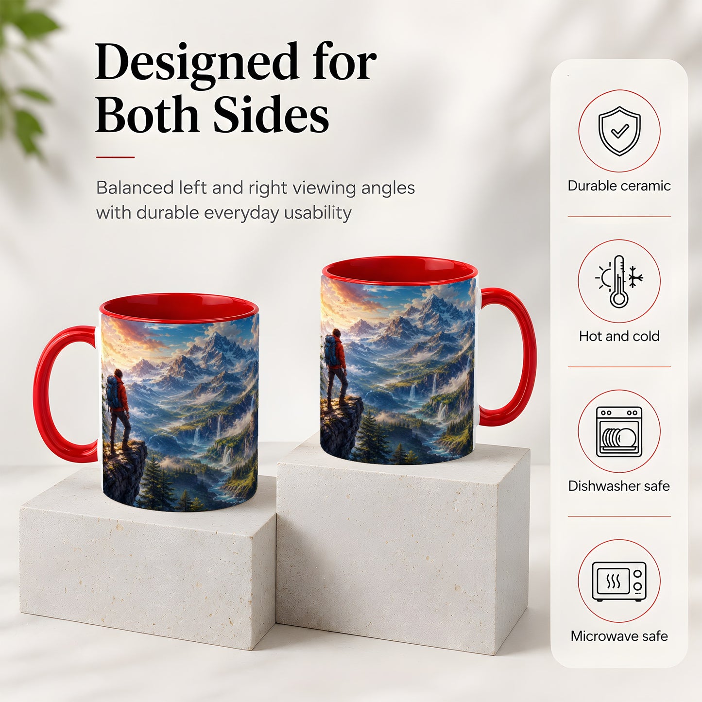 #pl[11oz|Red] Mountain Hiker Ceramic Mug, Alpine Peaks Waterfall Adventure