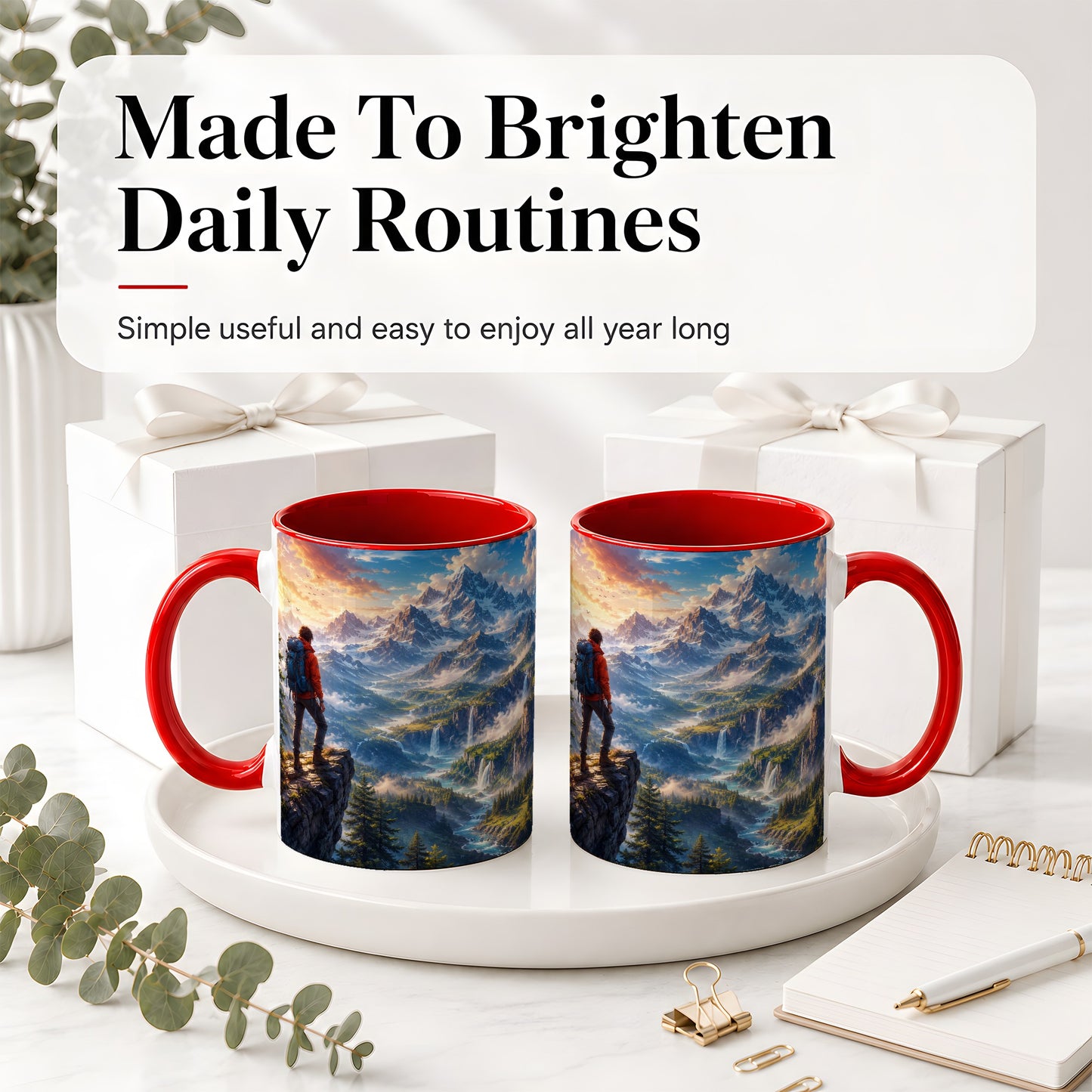 #pl[11oz|Red] Mountain Hiker Ceramic Mug, Alpine Peaks Waterfall Adventure