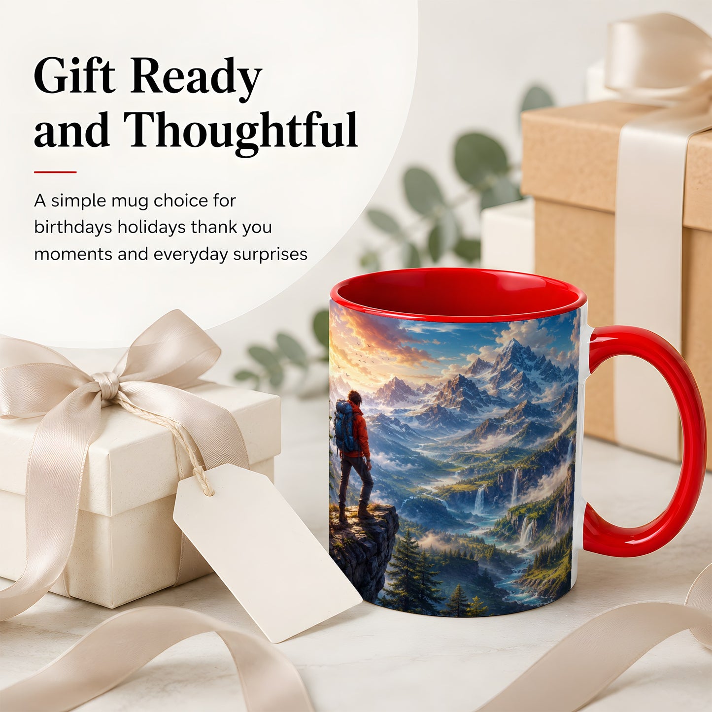 #pl[11oz|Red] Mountain Hiker Ceramic Mug, Alpine Peaks Waterfall Adventure