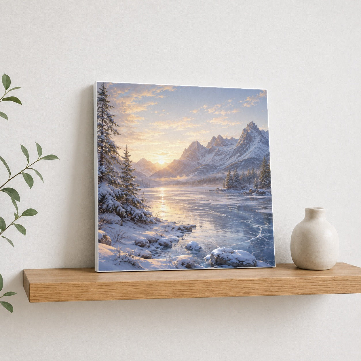 #pl[17x17 Inch|Multicolor] Winter Mountain Sunrise Square Canvas Wall Art, Alpine Landscape