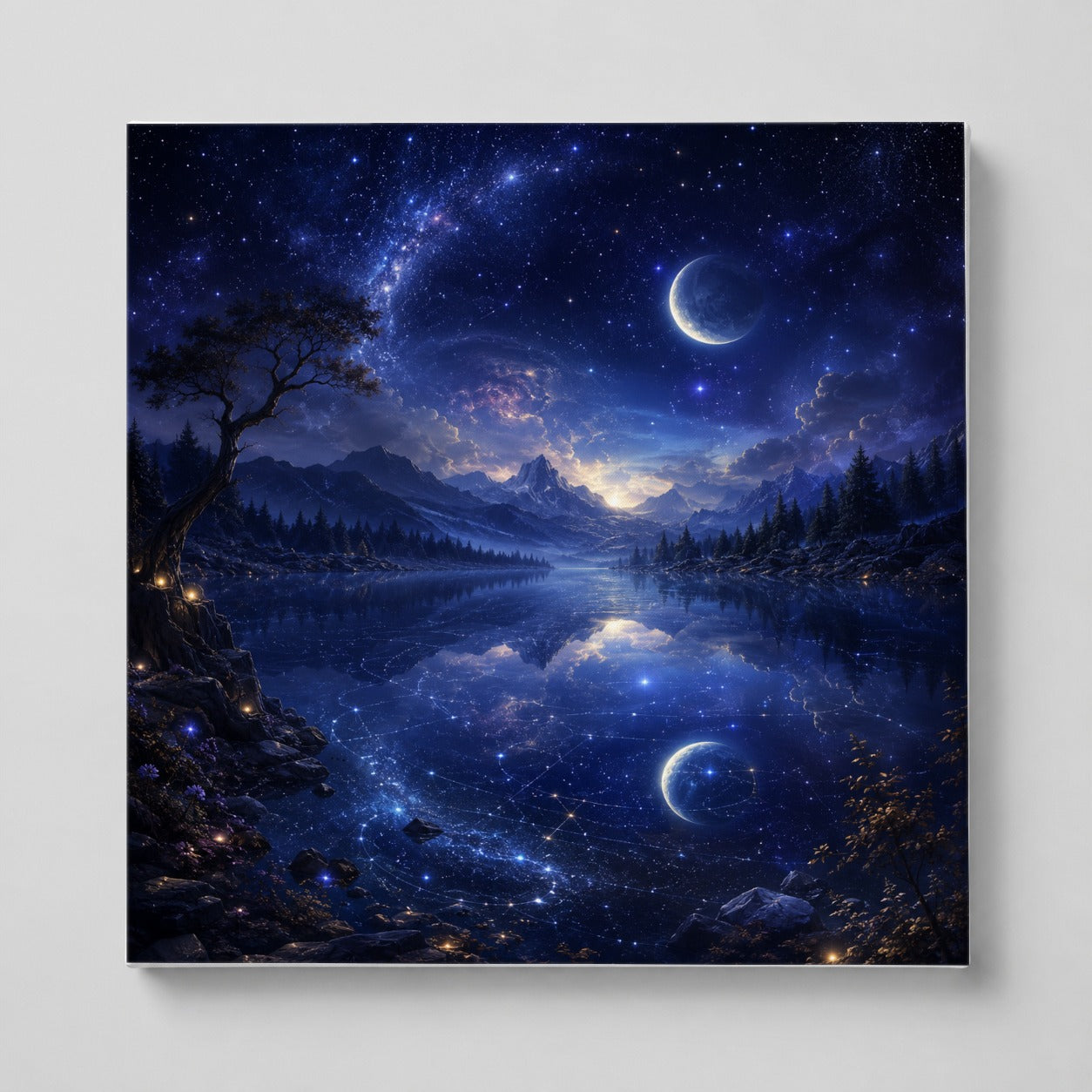 Cosmic Lake Square Canvas Wall Art, Moonlit Celestial Landscape