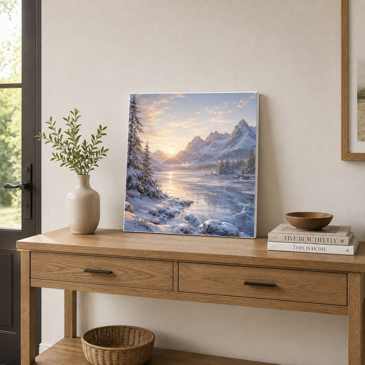 #pl[17x17 Inch|Multicolor] Winter Mountain Sunrise Square Canvas Wall Art, Alpine Landscape
