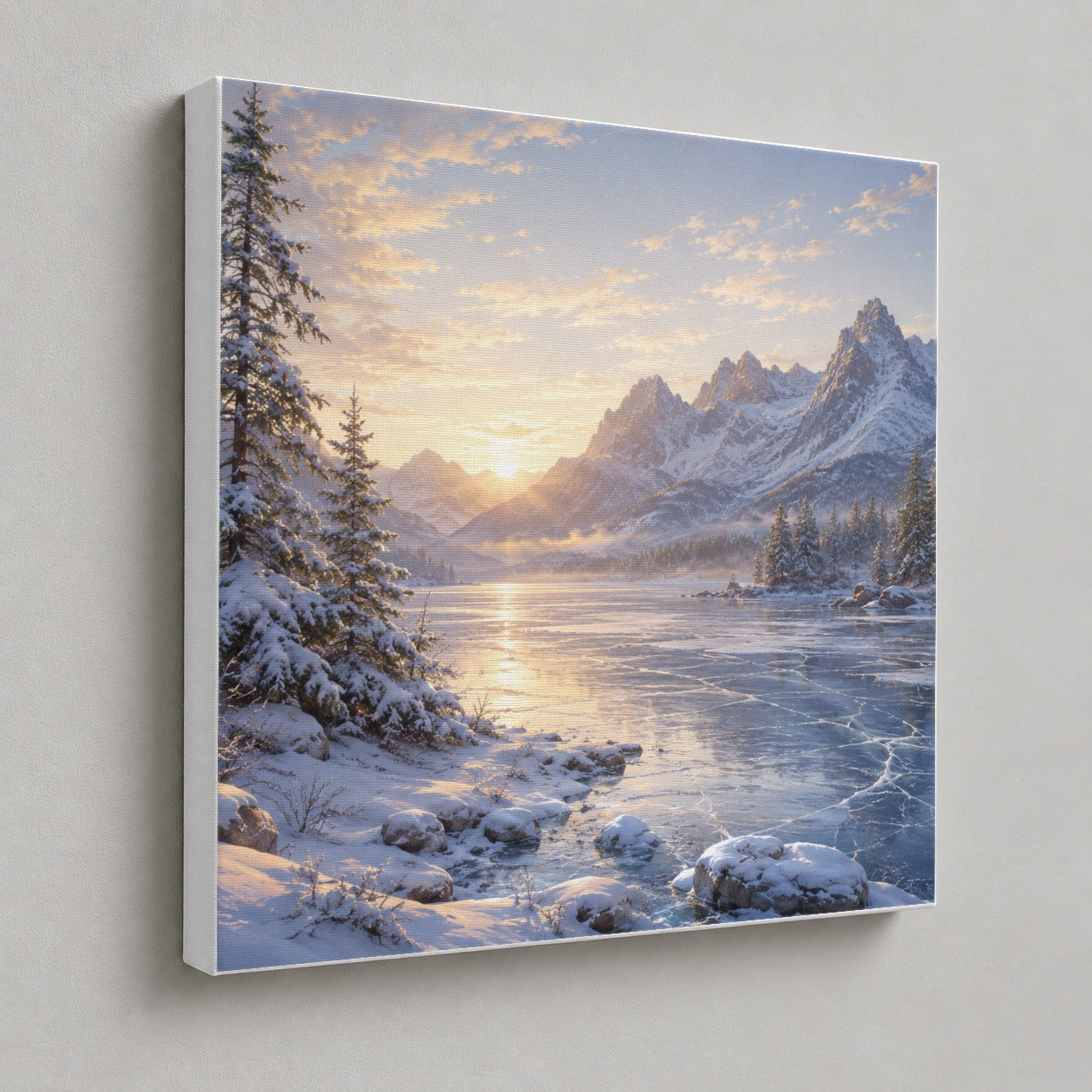 #pl[17x17 Inch|Multicolor] Winter Mountain Sunrise Square Canvas Wall Art, Alpine Landscape