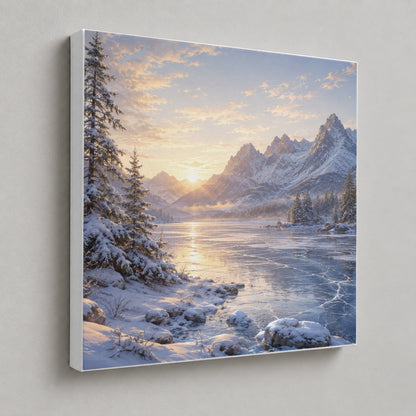 #pl[17x17 Inch|Multicolor] Winter Mountain Sunrise Square Canvas Wall Art, Alpine Landscape