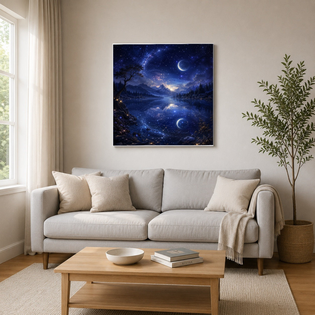 #pl[17x17 Inch|Multicolor] Cosmic Lake Square Canvas Wall Art, Moonlit Celestial Landscape