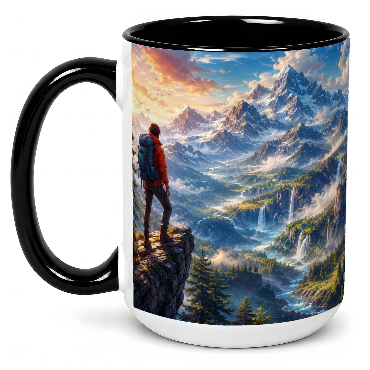 #pl[15oz|Black] Mountain Hiker Ceramic Mug, Alpine Peaks Waterfall Adventure