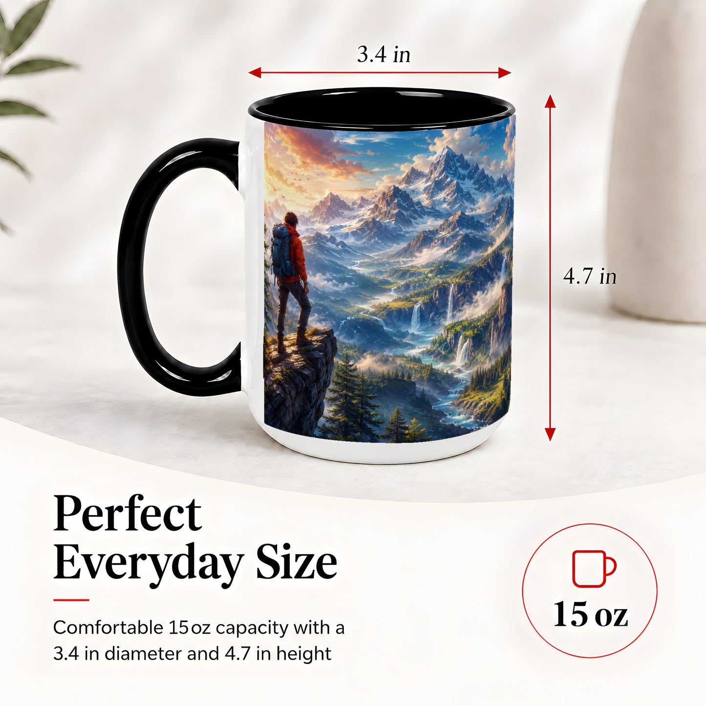#pl[15oz|Black] Mountain Hiker Ceramic Mug, Alpine Peaks Waterfall Adventure