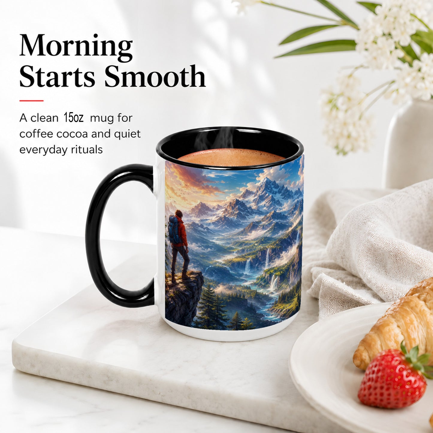 #pl[15oz|Black] Mountain Hiker Ceramic Mug, Alpine Peaks Waterfall Adventure