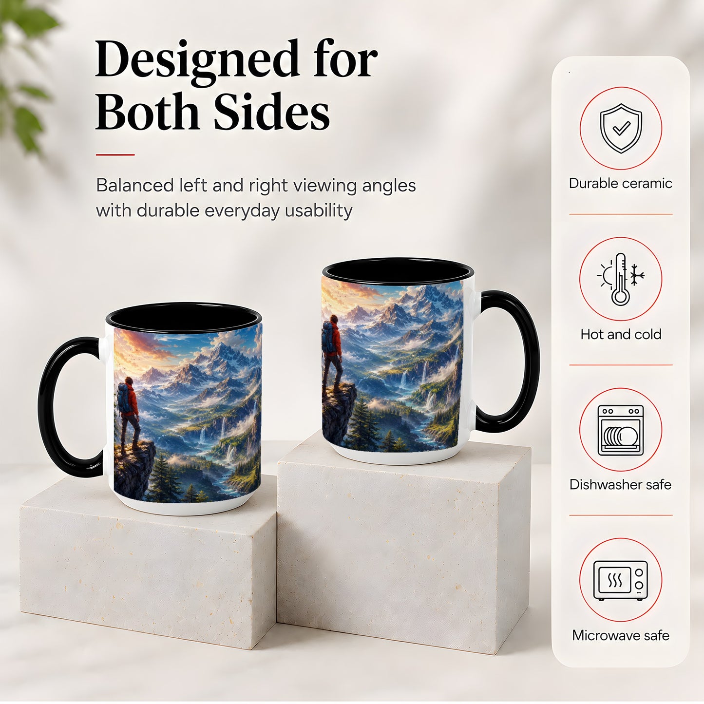 #pl[15oz|Black] Mountain Hiker Ceramic Mug, Alpine Peaks Waterfall Adventure