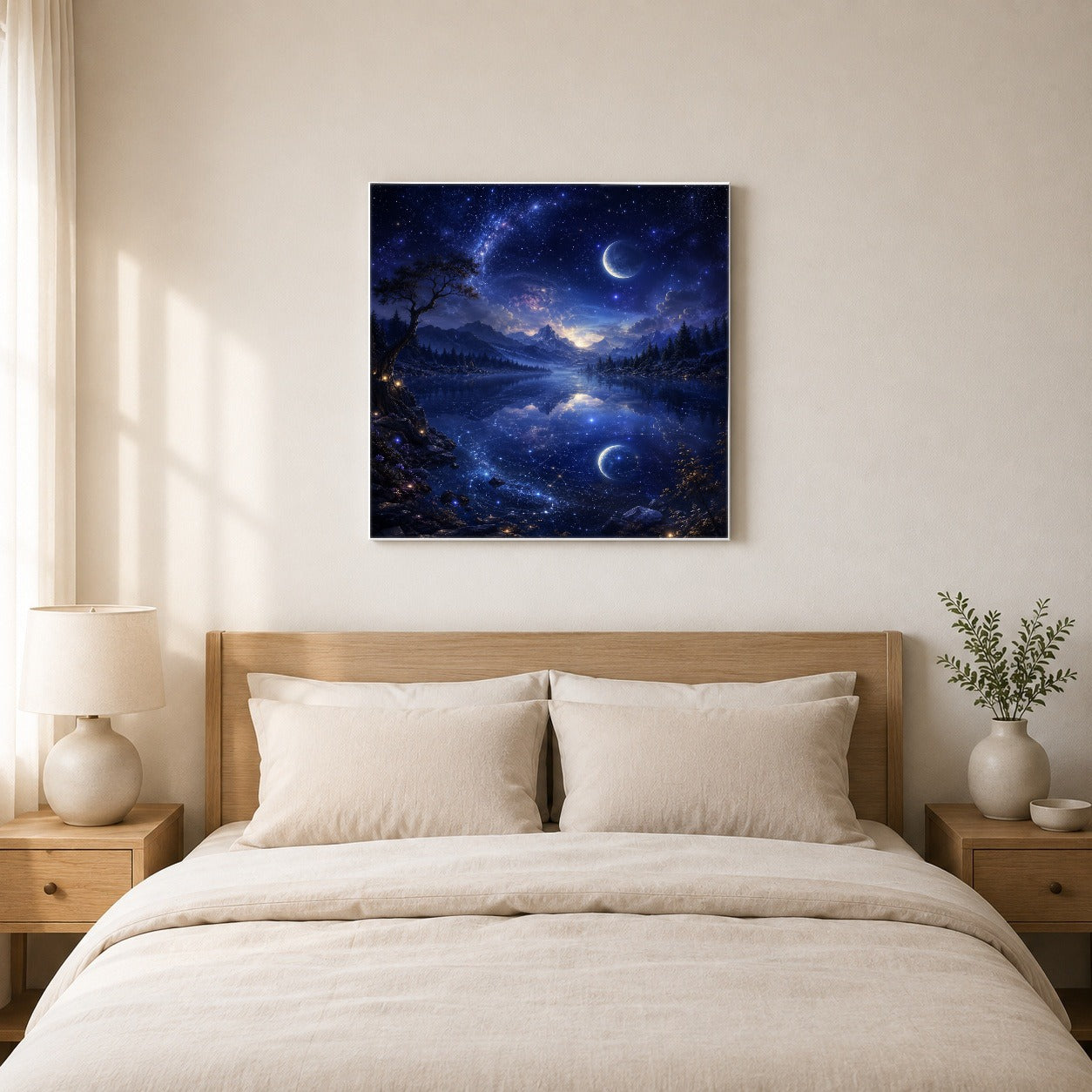 #pl[17x17 Inch|Multicolor] Cosmic Lake Square Canvas Wall Art, Moonlit Celestial Landscape