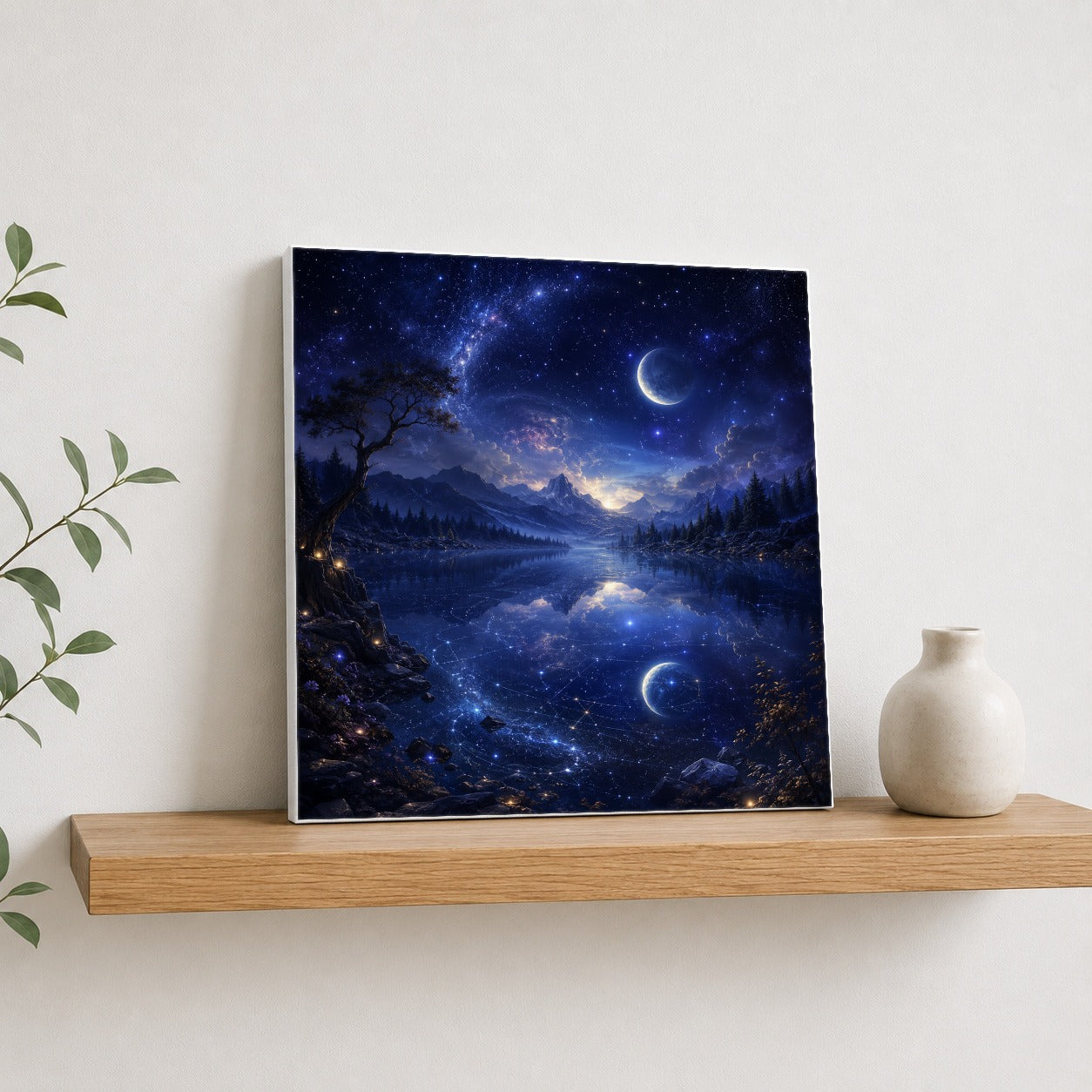#pl[17x17 Inch|Multicolor] Cosmic Lake Square Canvas Wall Art, Moonlit Celestial Landscape