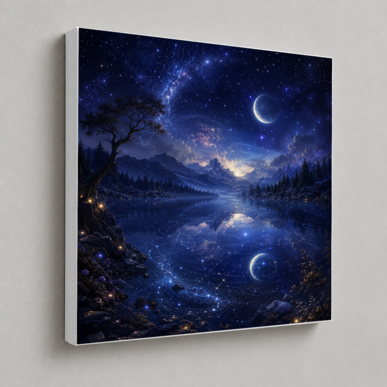 #pl[17x17 Inch|Multicolor] Cosmic Lake Square Canvas Wall Art, Moonlit Celestial Landscape