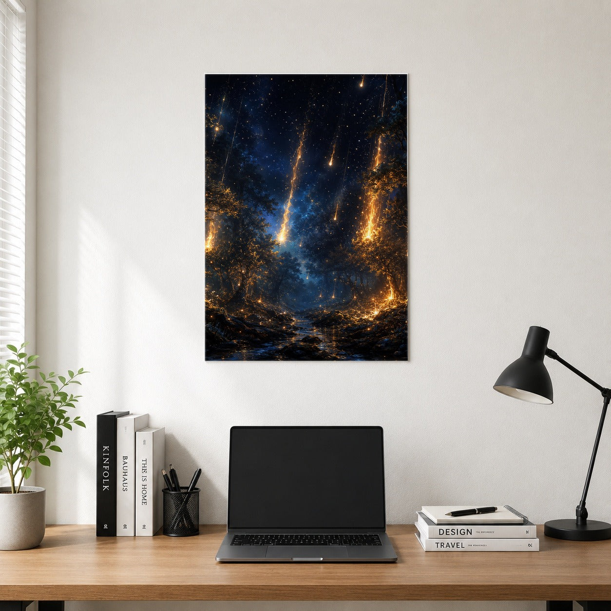 #pl[8x10 Inch|Multicolor] Meteor Shower Forest Poster, Celestial Night Wall Art Print