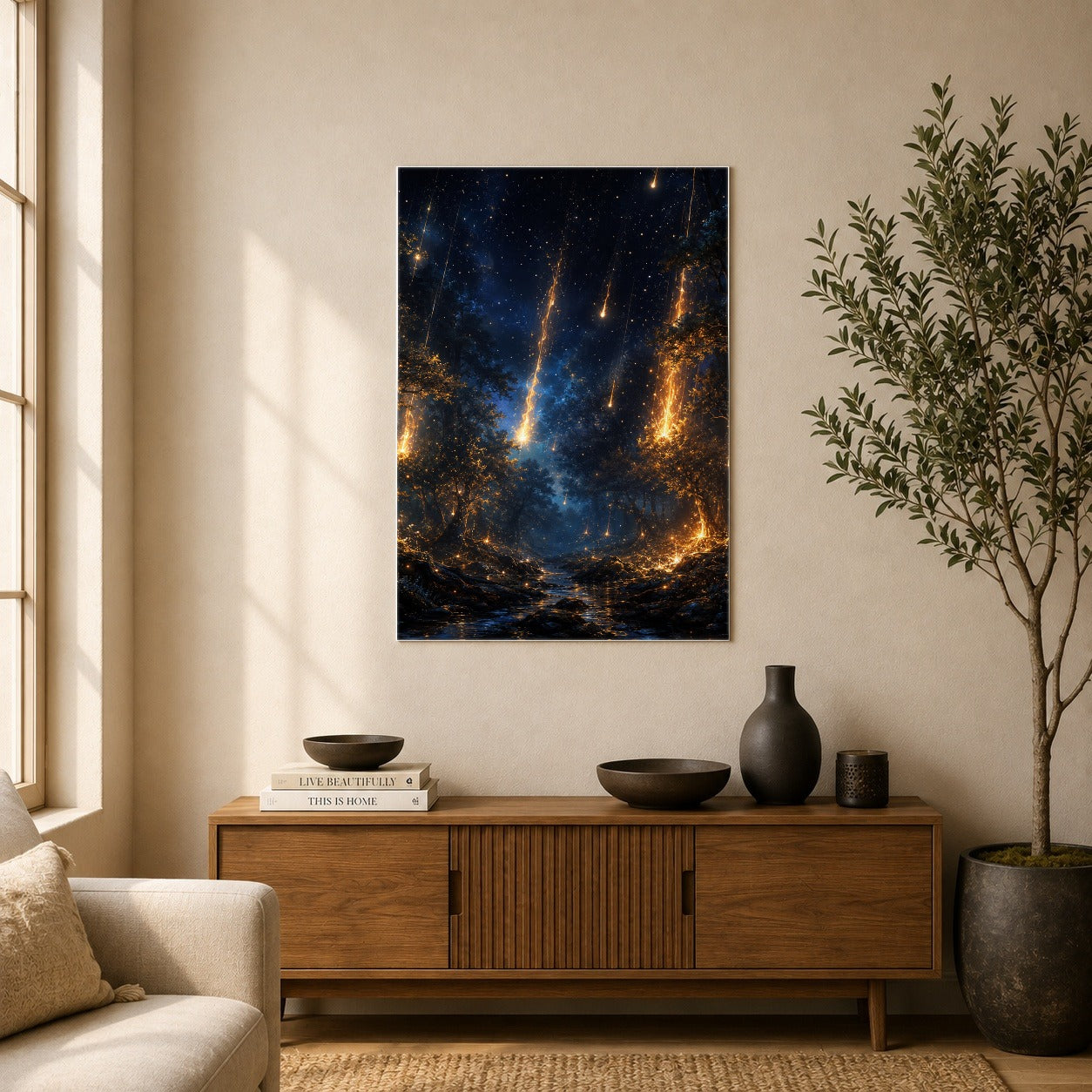 #pl[8x10 Inch|Multicolor] Meteor Shower Forest Poster, Celestial Night Wall Art Print