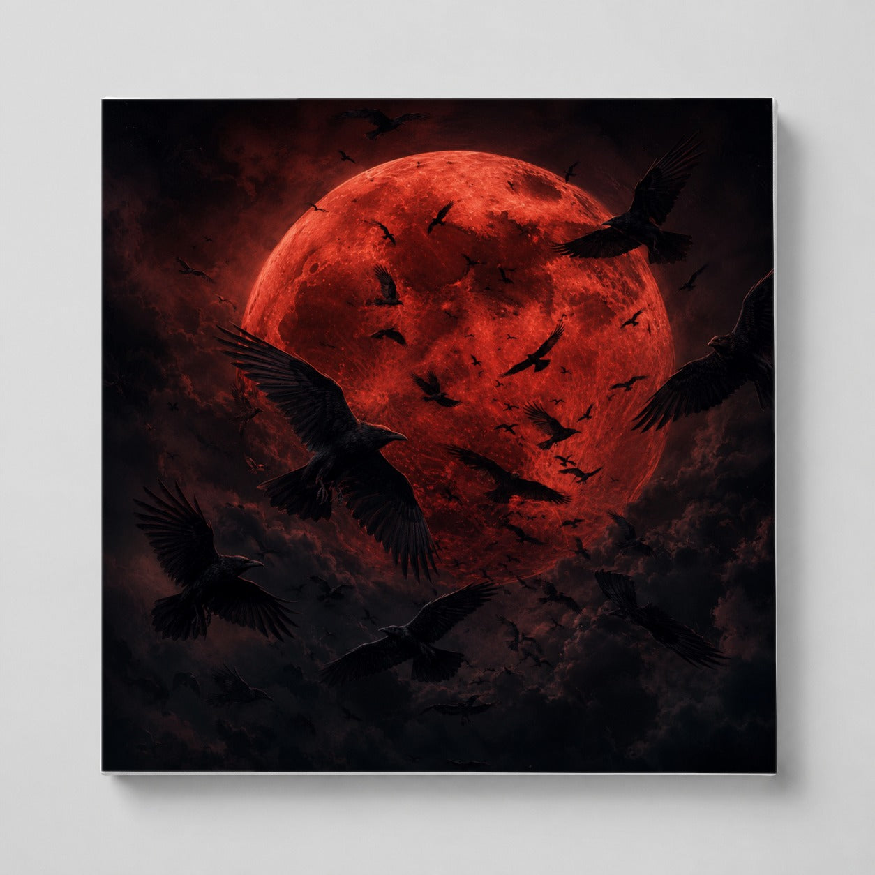 Red Moon Ravens Square Canvas Wall Art, Dark Gothic Moon Scene