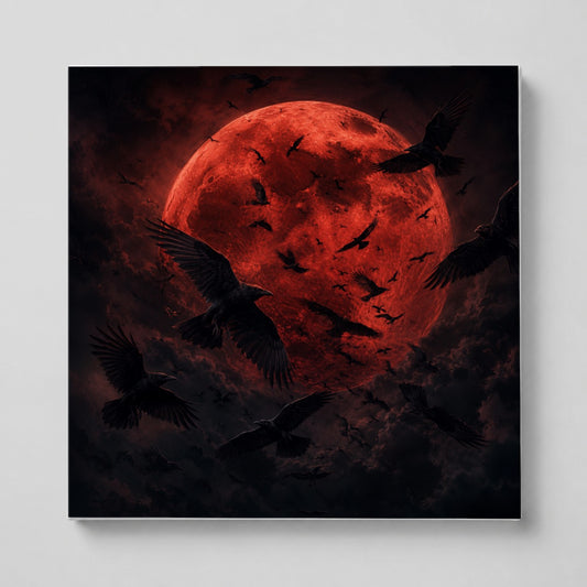 Red Moon Ravens Square Canvas Wall Art, Dark Gothic Moon Scene