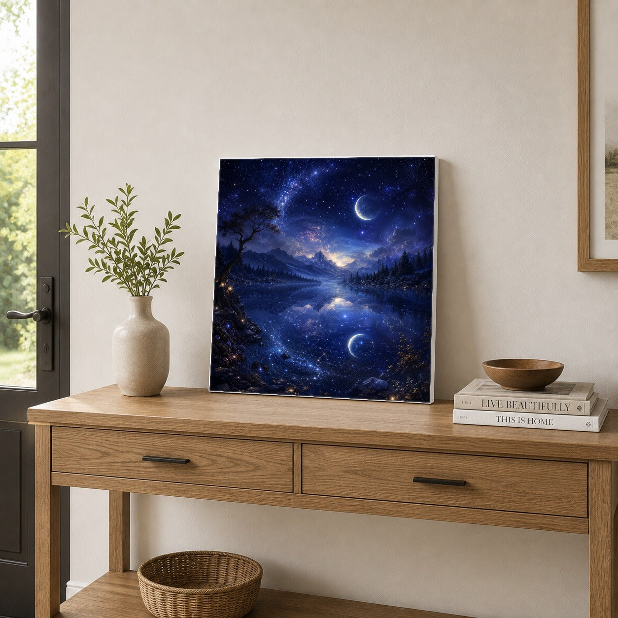 #pl[17x17 Inch|Multicolor] Cosmic Lake Square Canvas Wall Art, Moonlit Celestial Landscape