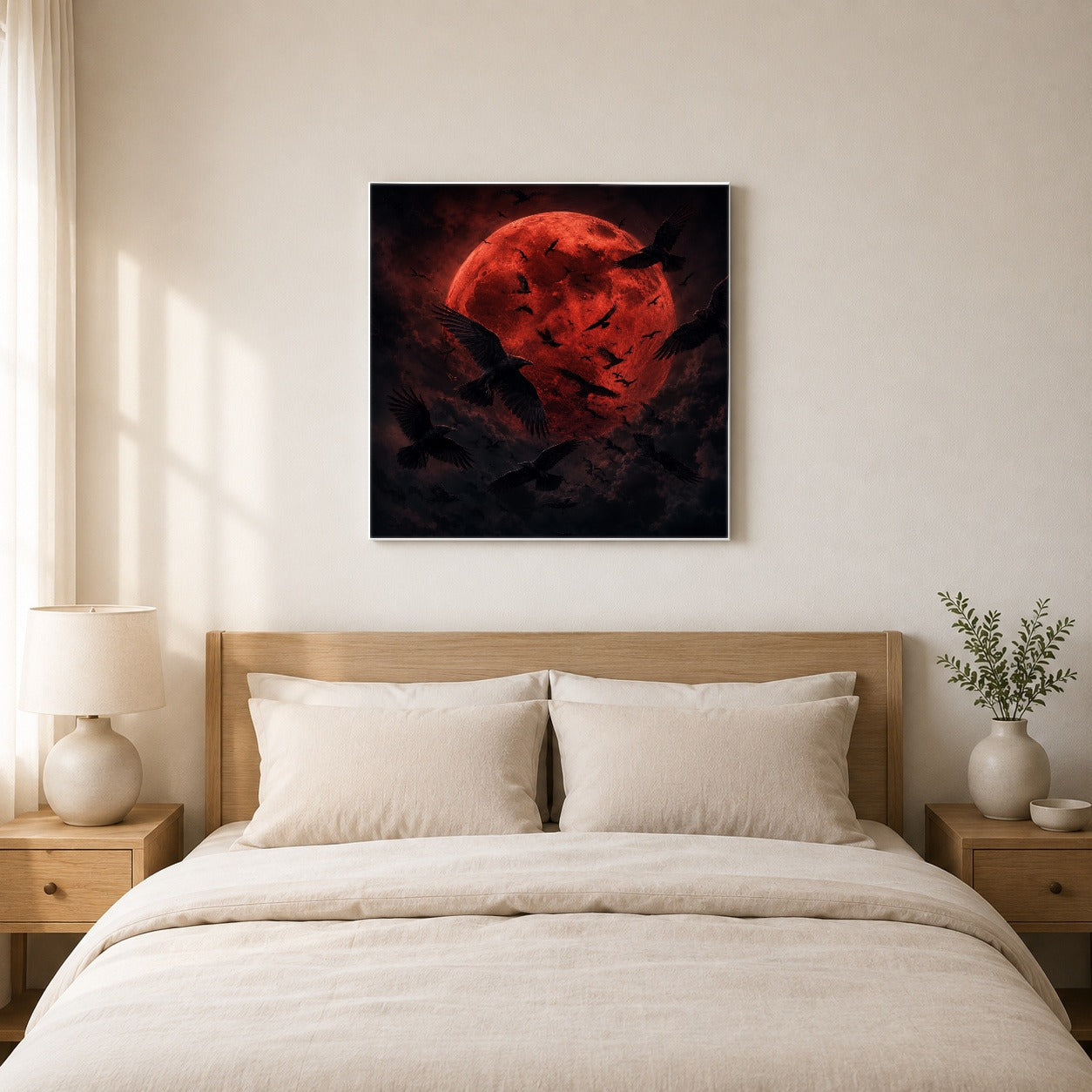 #pl[17x17 Inch|Multicolor] Red Moon Ravens Square Canvas Wall Art, Dark Gothic Moon Scene