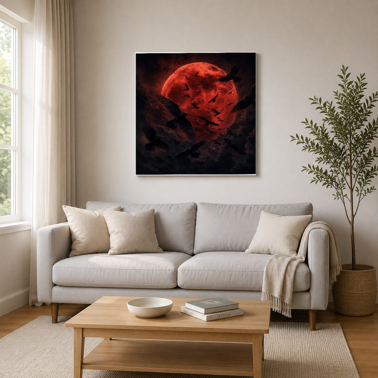 #pl[17x17 Inch|Multicolor] Red Moon Ravens Square Canvas Wall Art, Dark Gothic Moon Scene