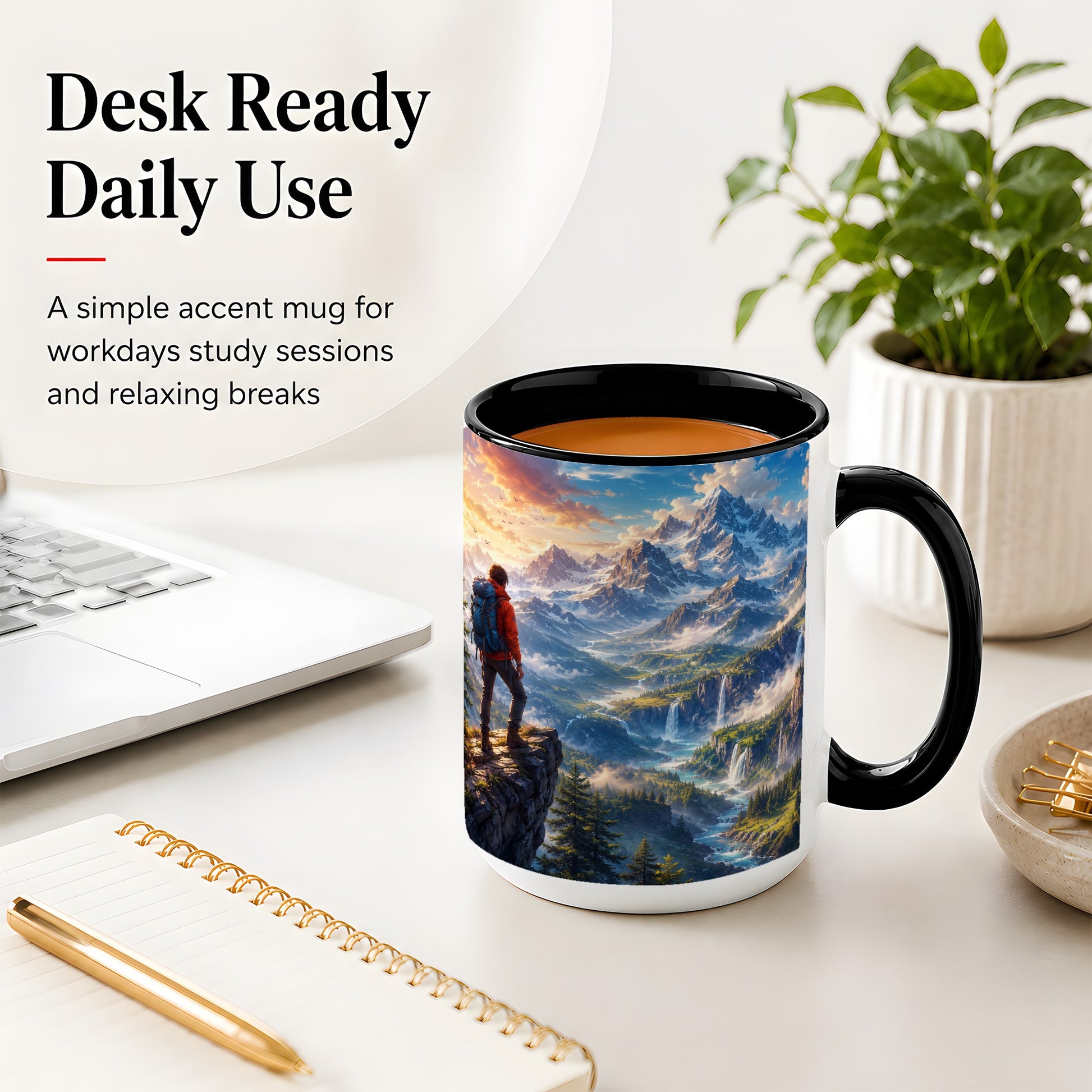 #pl[15oz|Black] Mountain Hiker Ceramic Mug, Alpine Peaks Waterfall Adventure