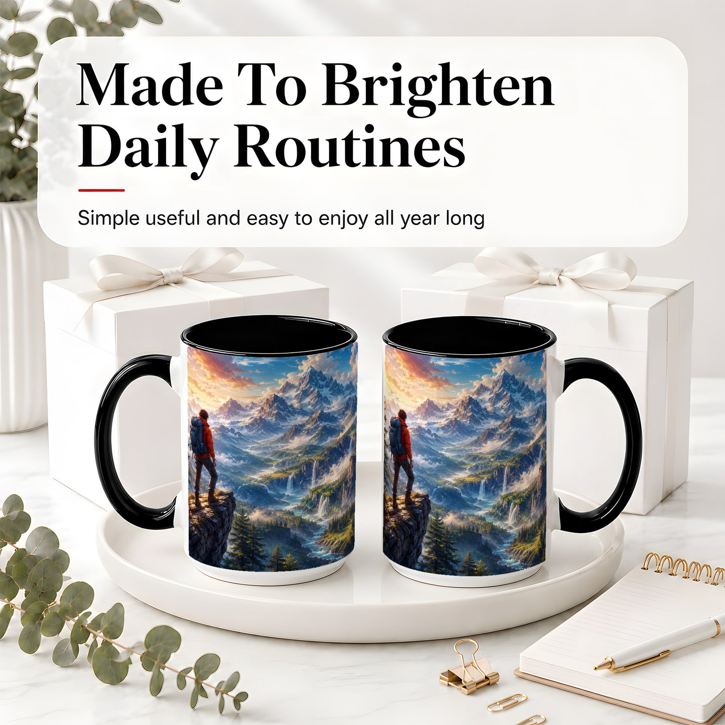 #pl[15oz|Black] Mountain Hiker Ceramic Mug, Alpine Peaks Waterfall Adventure