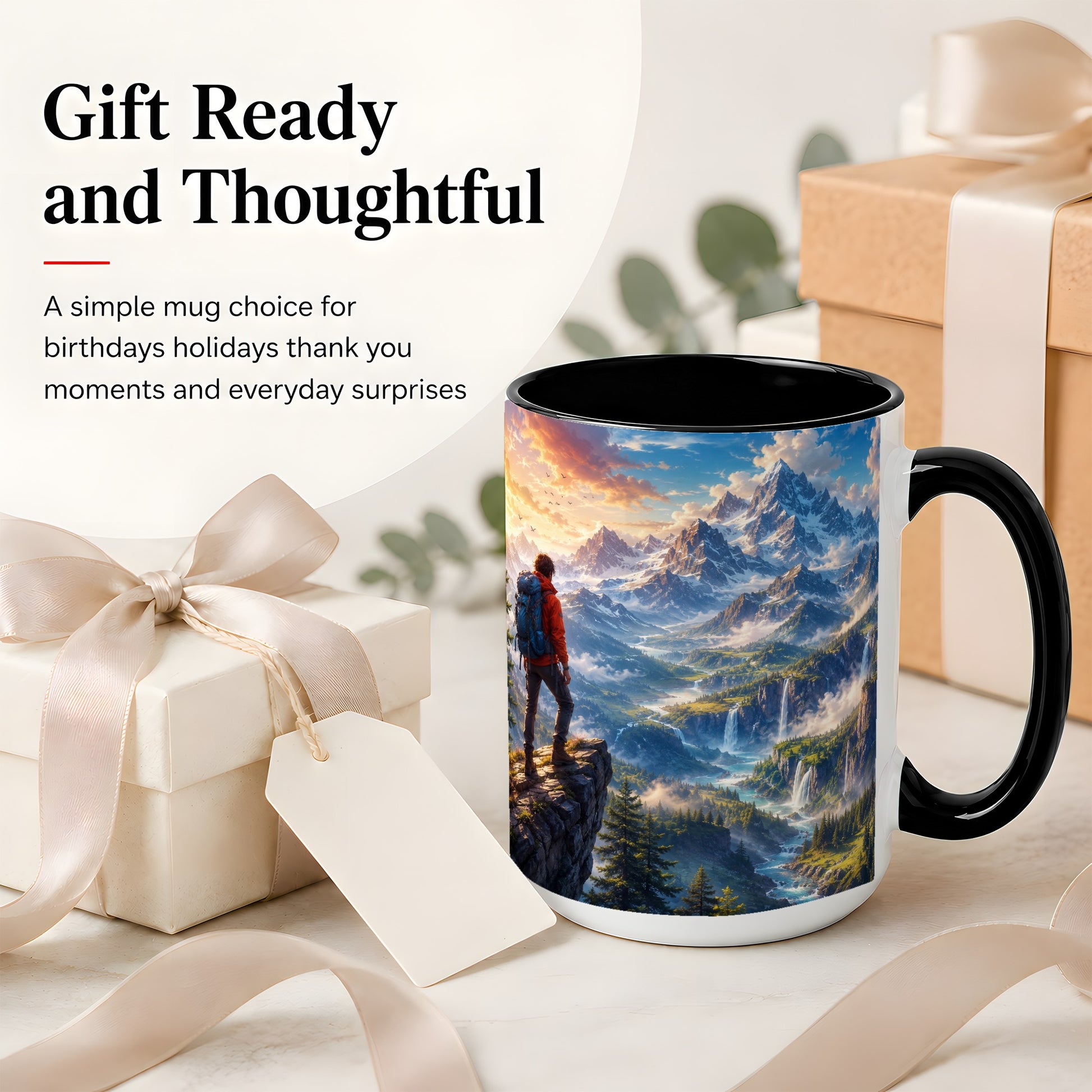 #pl[15oz|Black] Mountain Hiker Ceramic Mug, Alpine Peaks Waterfall Adventure