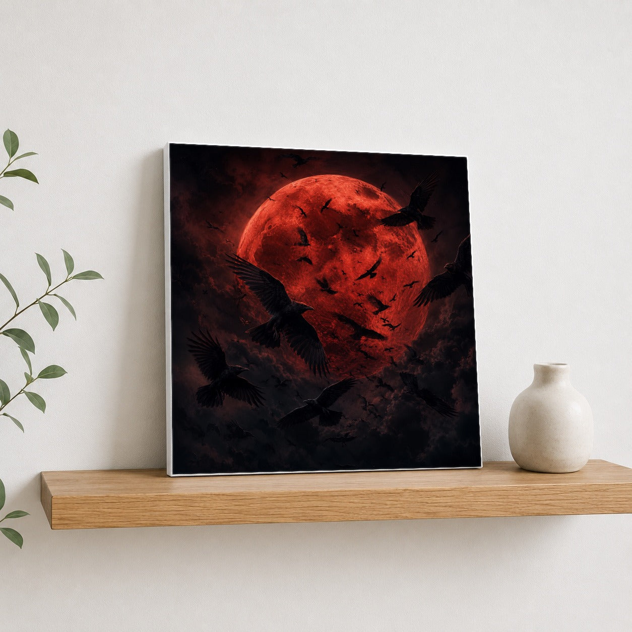 #pl[17x17 Inch|Multicolor] Red Moon Ravens Square Canvas Wall Art, Dark Gothic Moon Scene