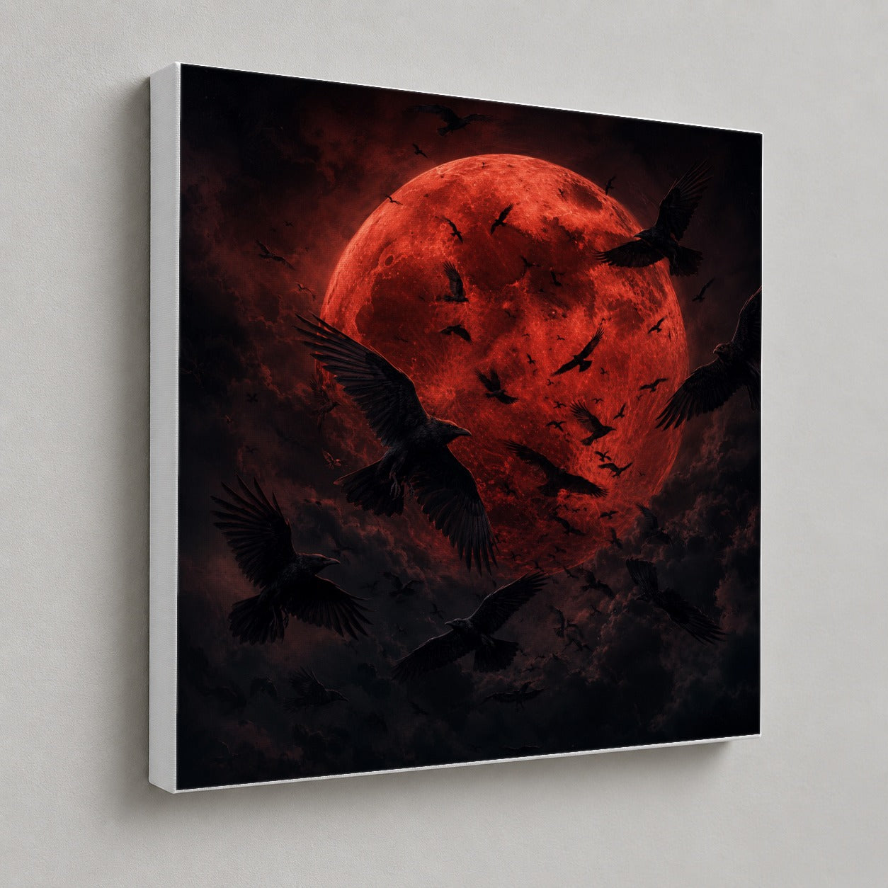 #pl[17x17 Inch|Multicolor] Red Moon Ravens Square Canvas Wall Art, Dark Gothic Moon Scene