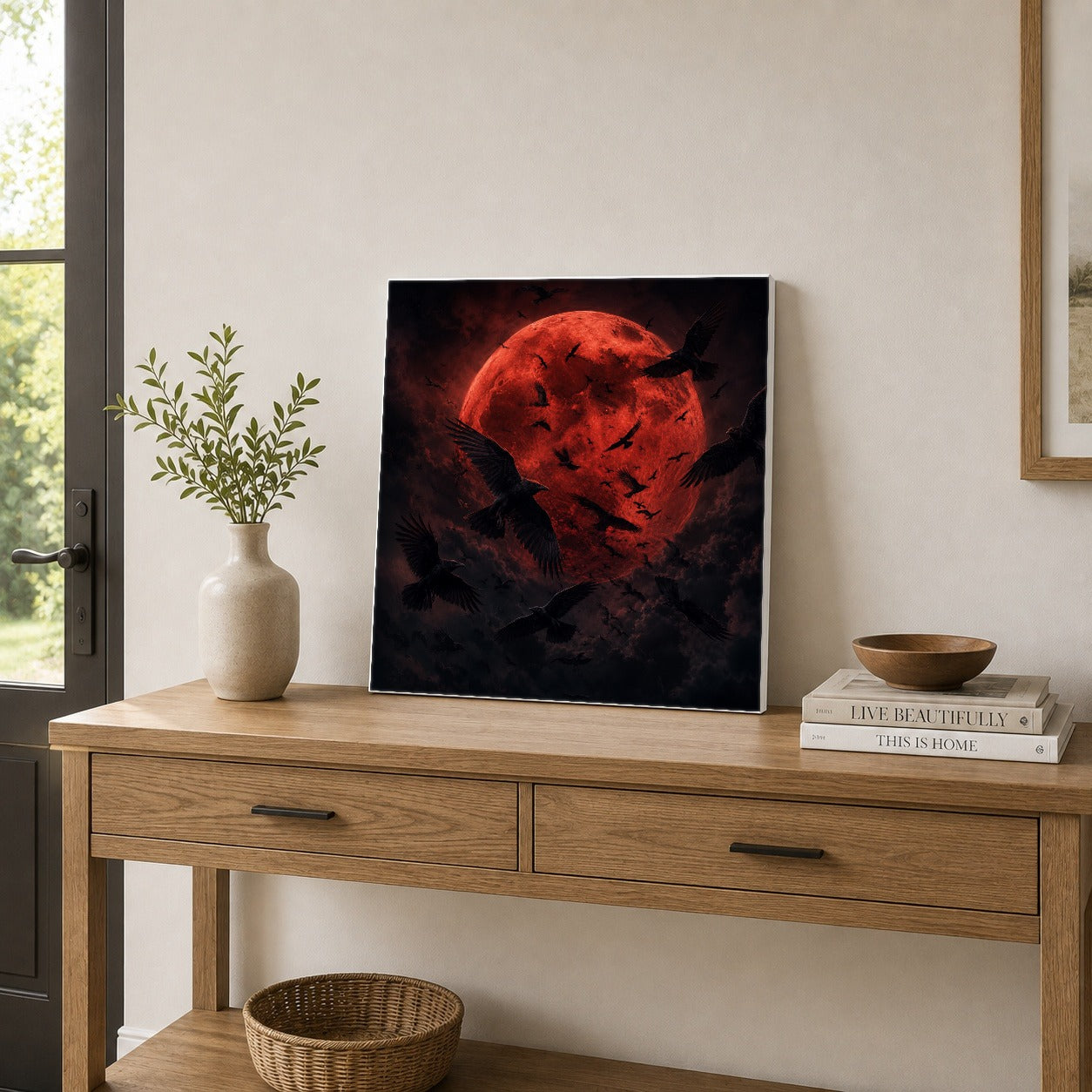 #pl[17x17 Inch|Multicolor] Red Moon Ravens Square Canvas Wall Art, Dark Gothic Moon Scene