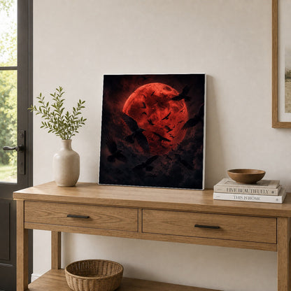 #pl[17x17 Inch|Multicolor] Red Moon Ravens Square Canvas Wall Art, Dark Gothic Moon Scene