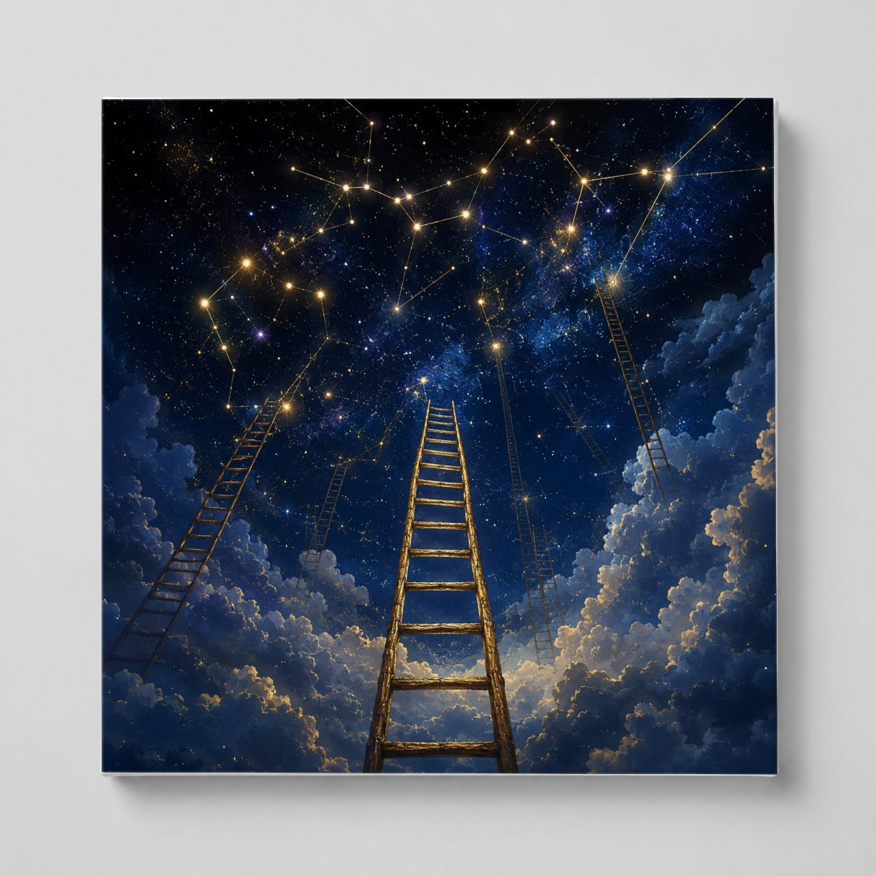 Ladder to the Stars Square Canvas Wall Art, Celestial Dream Scene