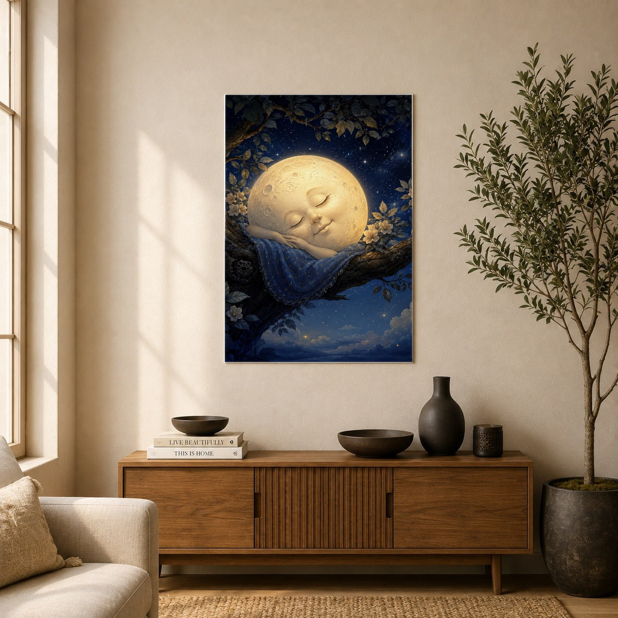 #pl[8x10 Inch|Multicolor] Sleeping Moon Poster, Dreamy Celestial Wall Art Print