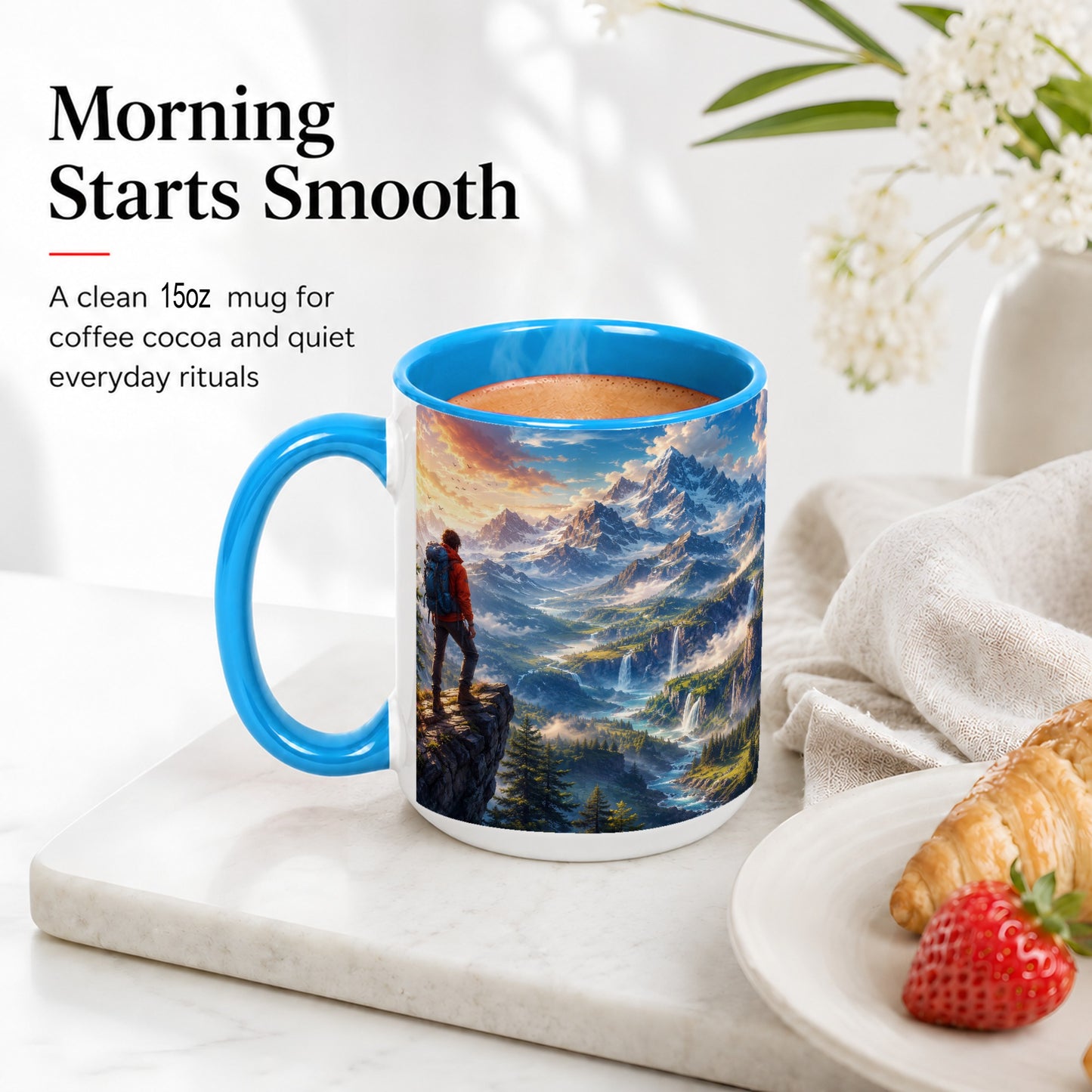 #pl[15oz|Blue] Mountain Hiker Ceramic Mug, Alpine Peaks Waterfall Adventure