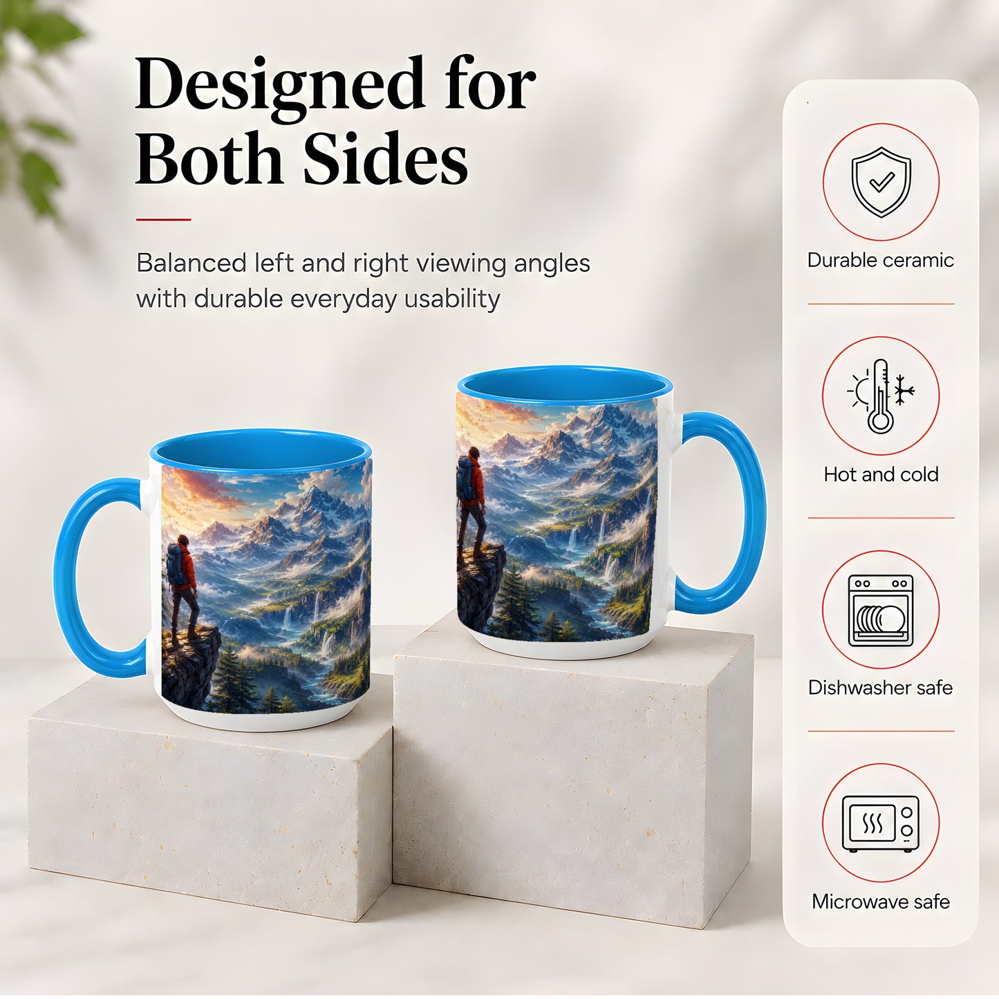 #pl[15oz|Blue] Mountain Hiker Ceramic Mug, Alpine Peaks Waterfall Adventure