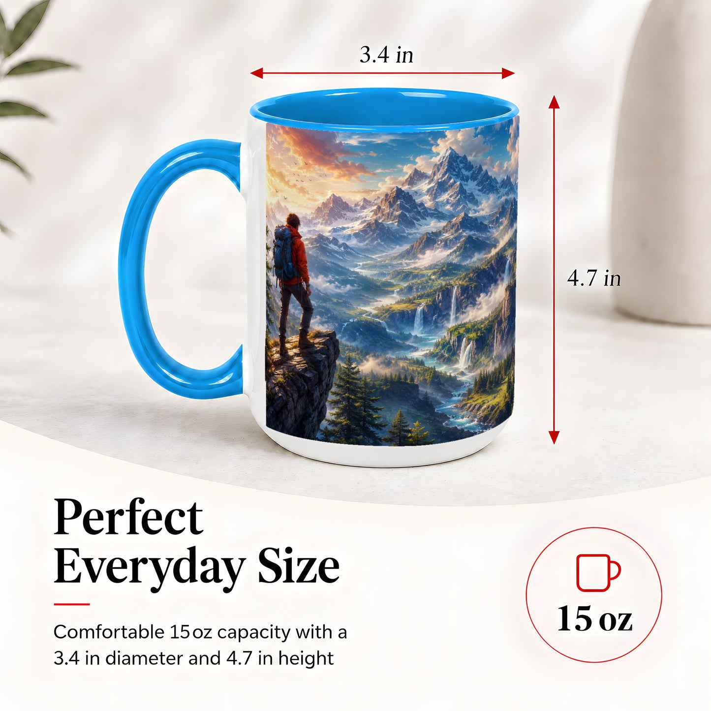 #pl[15oz|Blue] Mountain Hiker Ceramic Mug, Alpine Peaks Waterfall Adventure