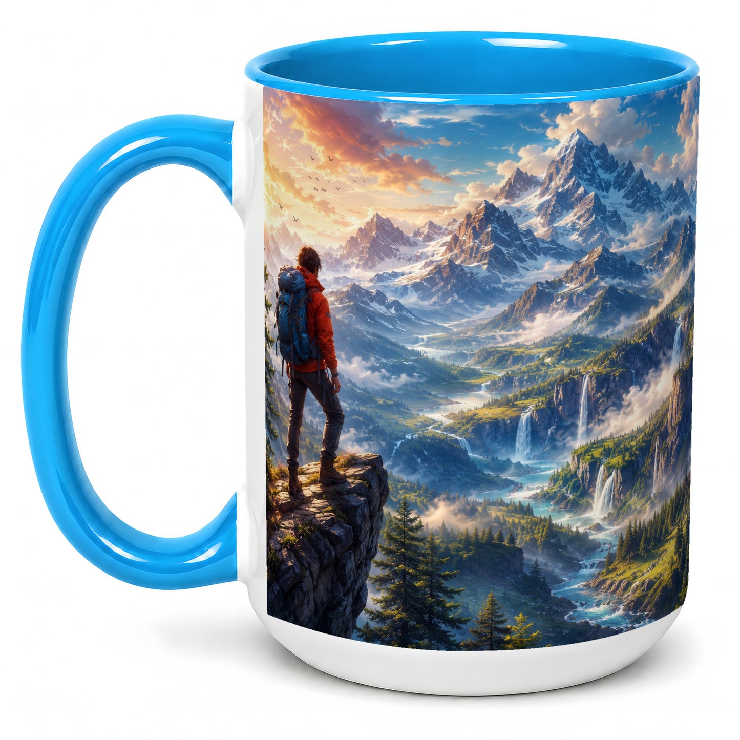 #pl[15oz|Blue] Mountain Hiker Ceramic Mug, Alpine Peaks Waterfall Adventure