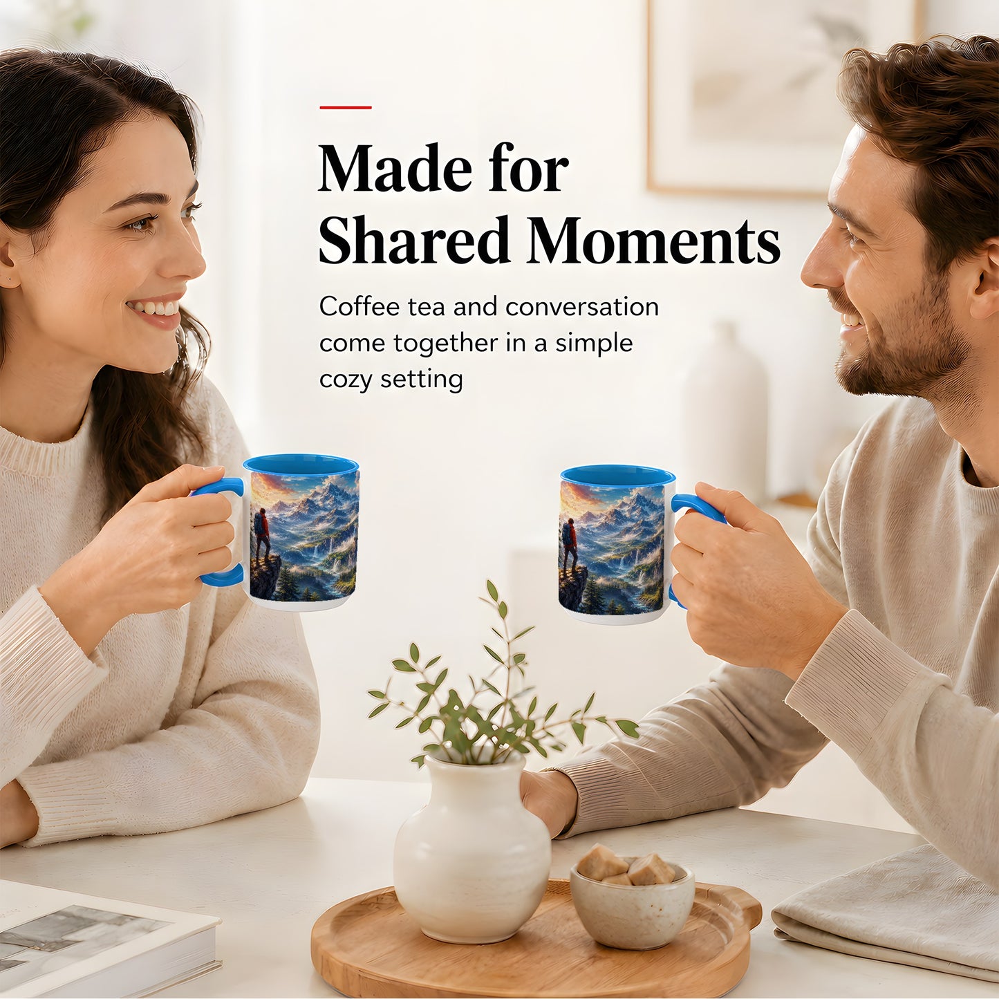 #pl[15oz|Blue] Mountain Hiker Ceramic Mug, Alpine Peaks Waterfall Adventure