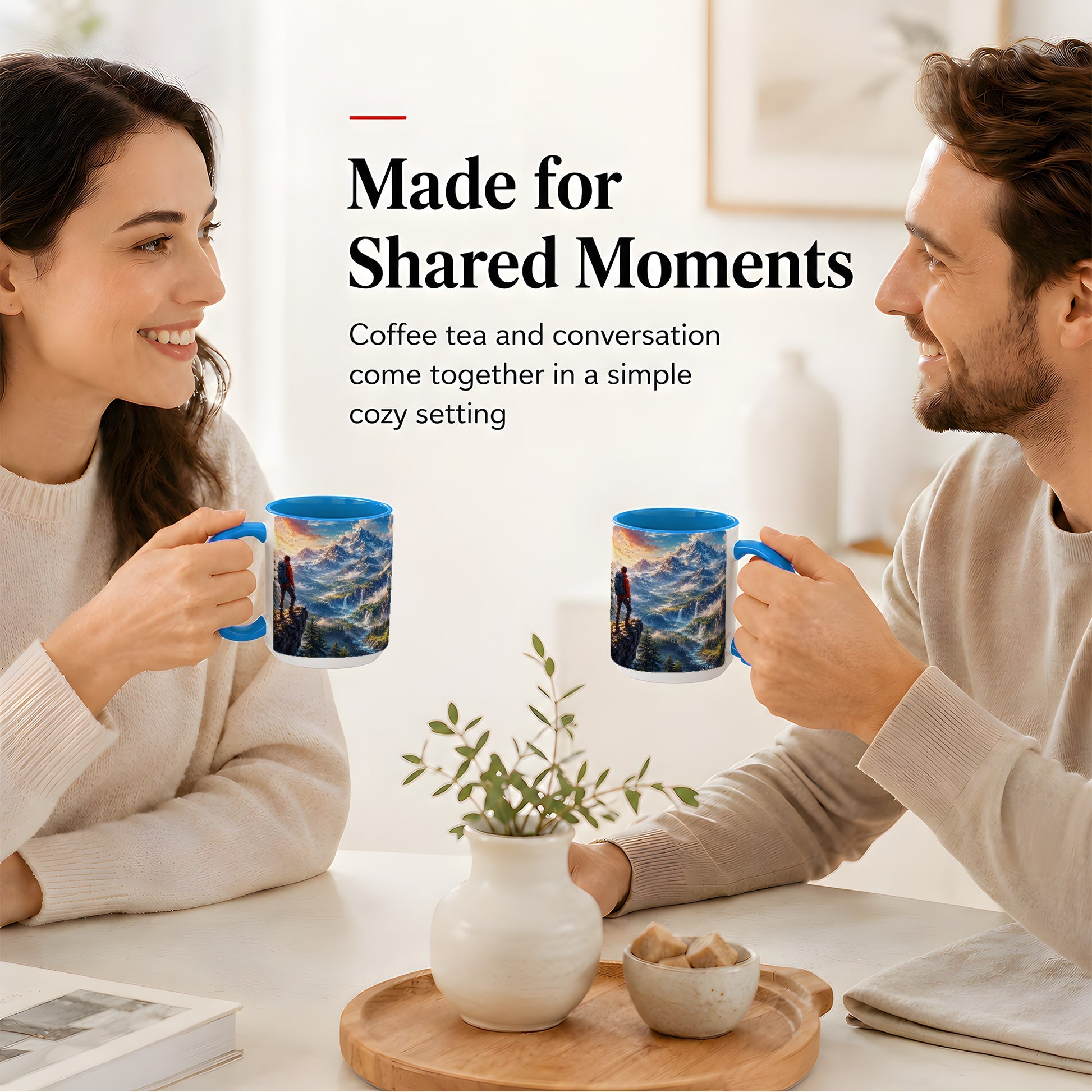 #pl[15oz|Blue] Mountain Hiker Ceramic Mug, Alpine Peaks Waterfall Adventure
