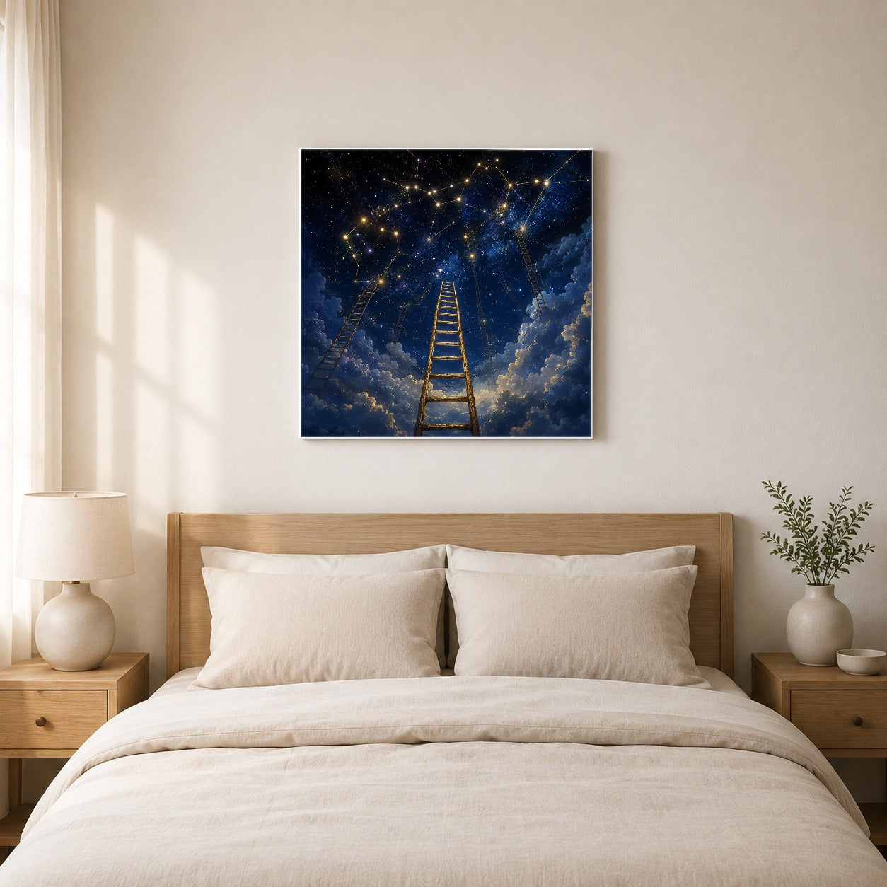 #pl[17x17 Inch|Multicolor] Ladder to the Stars Square Canvas Wall Art, Celestial Dream Scene