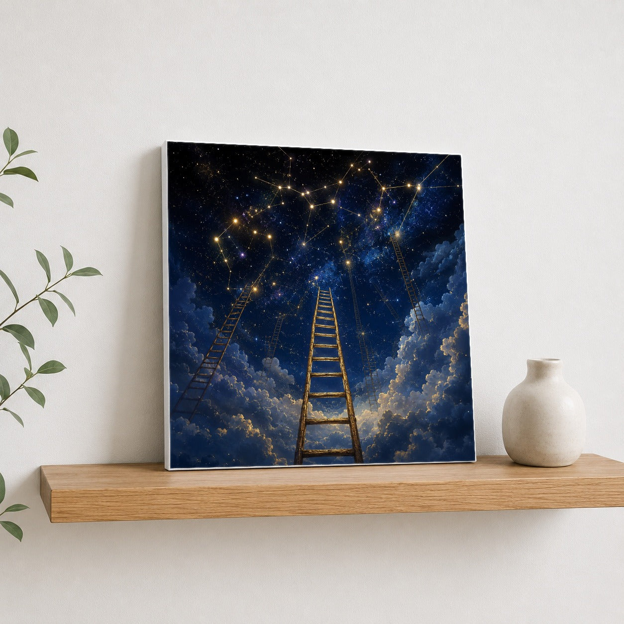 #pl[17x17 Inch|Multicolor] Ladder to the Stars Square Canvas Wall Art, Celestial Dream Scene