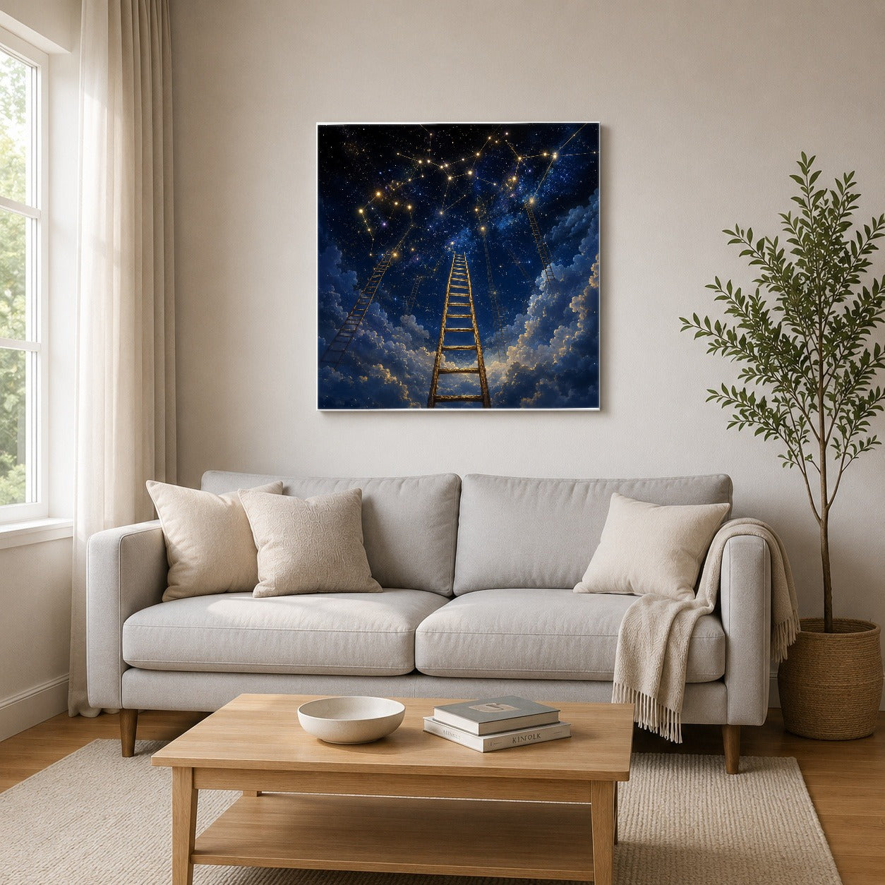 #pl[17x17 Inch|Multicolor] Ladder to the Stars Square Canvas Wall Art, Celestial Dream Scene