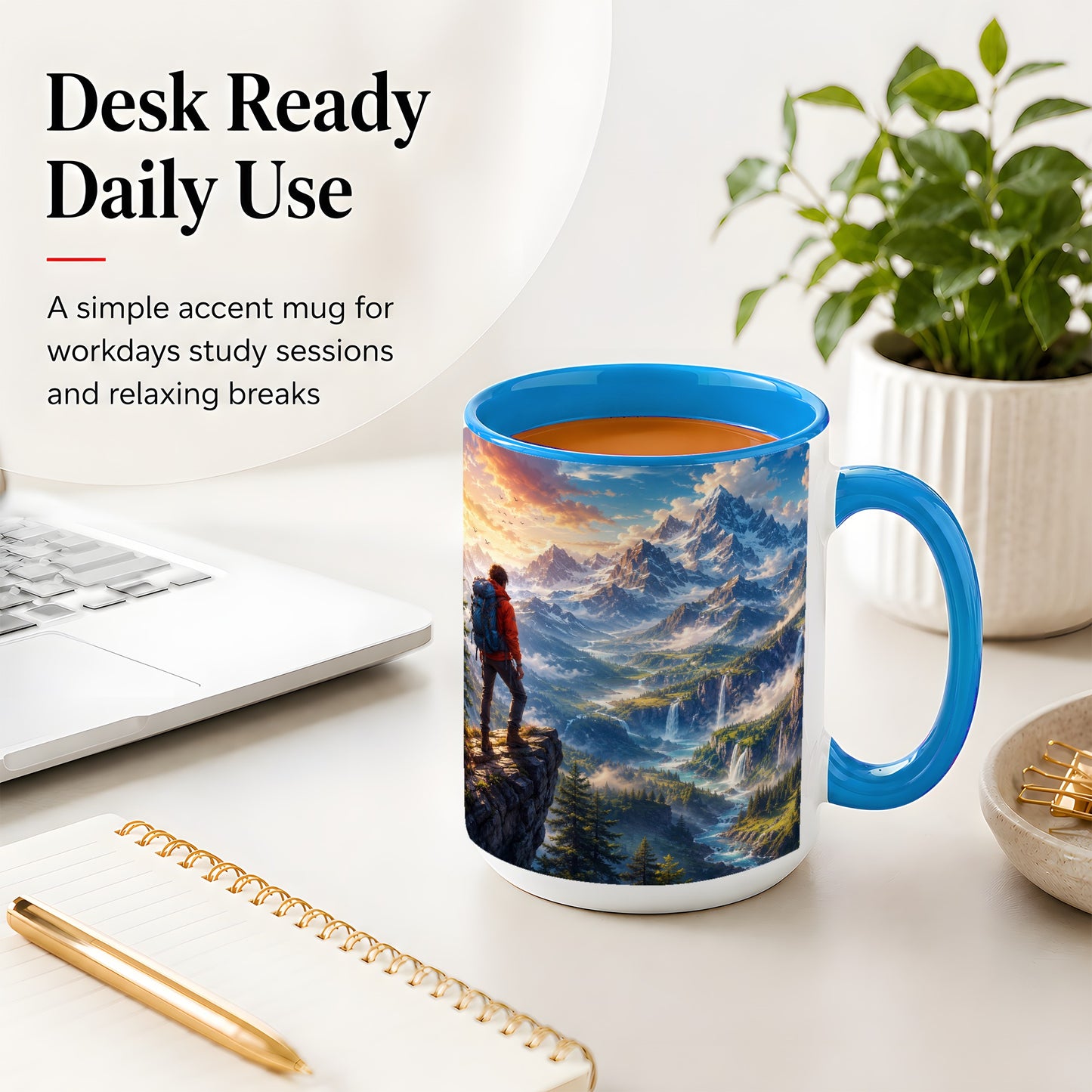 #pl[15oz|Blue] Mountain Hiker Ceramic Mug, Alpine Peaks Waterfall Adventure