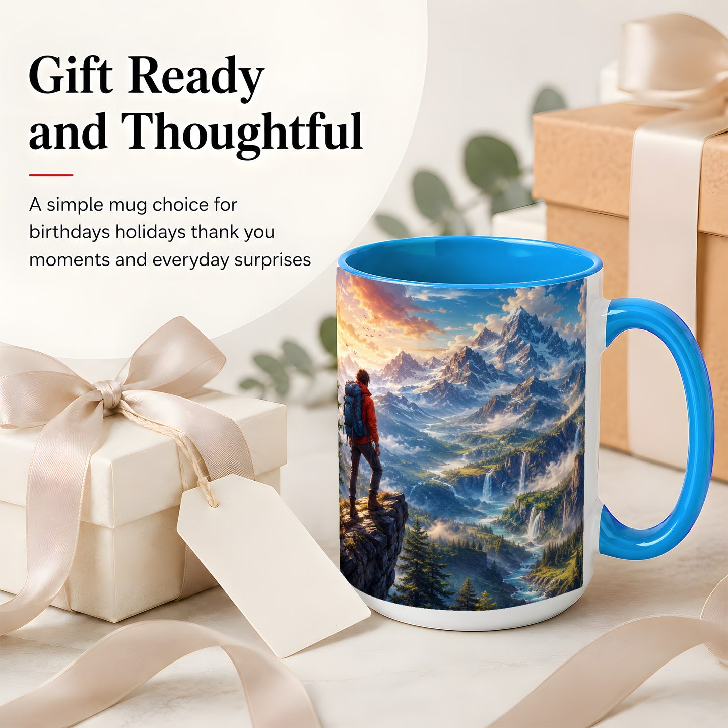 #pl[15oz|Blue] Mountain Hiker Ceramic Mug, Alpine Peaks Waterfall Adventure